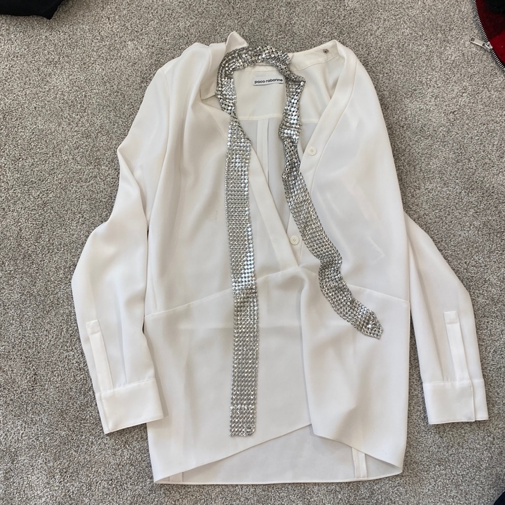 Paco Rabanne White Shirt dress with silver mesh, size 38 EU